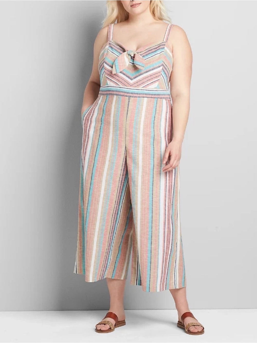 NWT Lane Bryant Striped Linen Blend Jumpsuit Bow Detail Spaghetti Strap Plus 20
